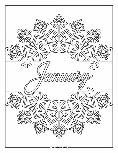 Coloriage de janvier pour adultes : Délicat mandala de flocons encadrant le mot « January » en script fluide