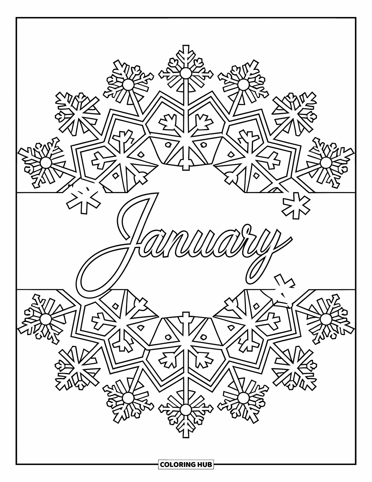 January Coloring Page for Adults: Delicate snowflake mandala frames the word "January" in flowing script