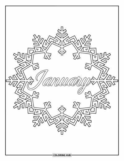 Coloriage de janvier pour adultes : Un élégant « January » trône au cœur d'une bordure de mandala enneigé