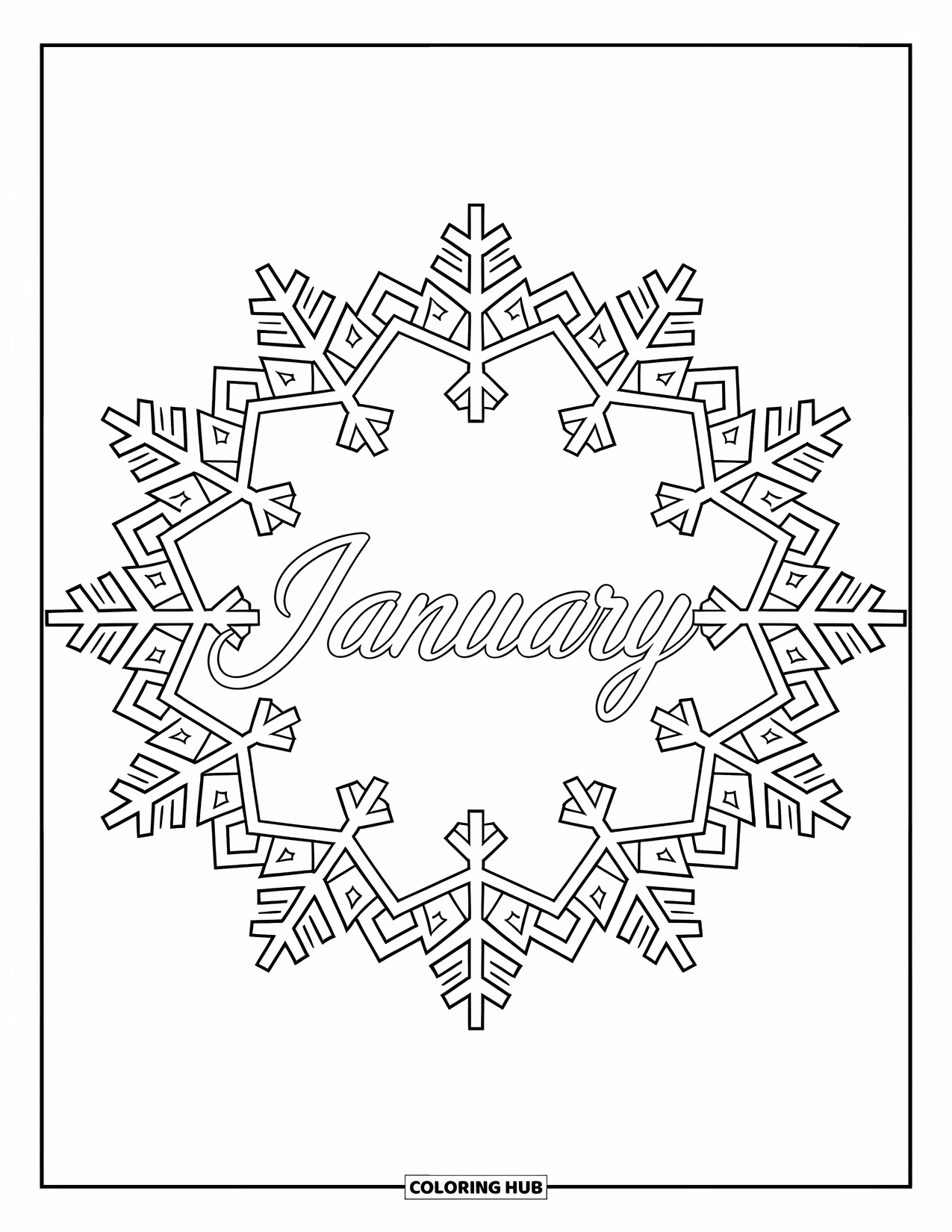 January Coloring Page for Adults: Elegant "January" sits in the center of a snowy mandala border
