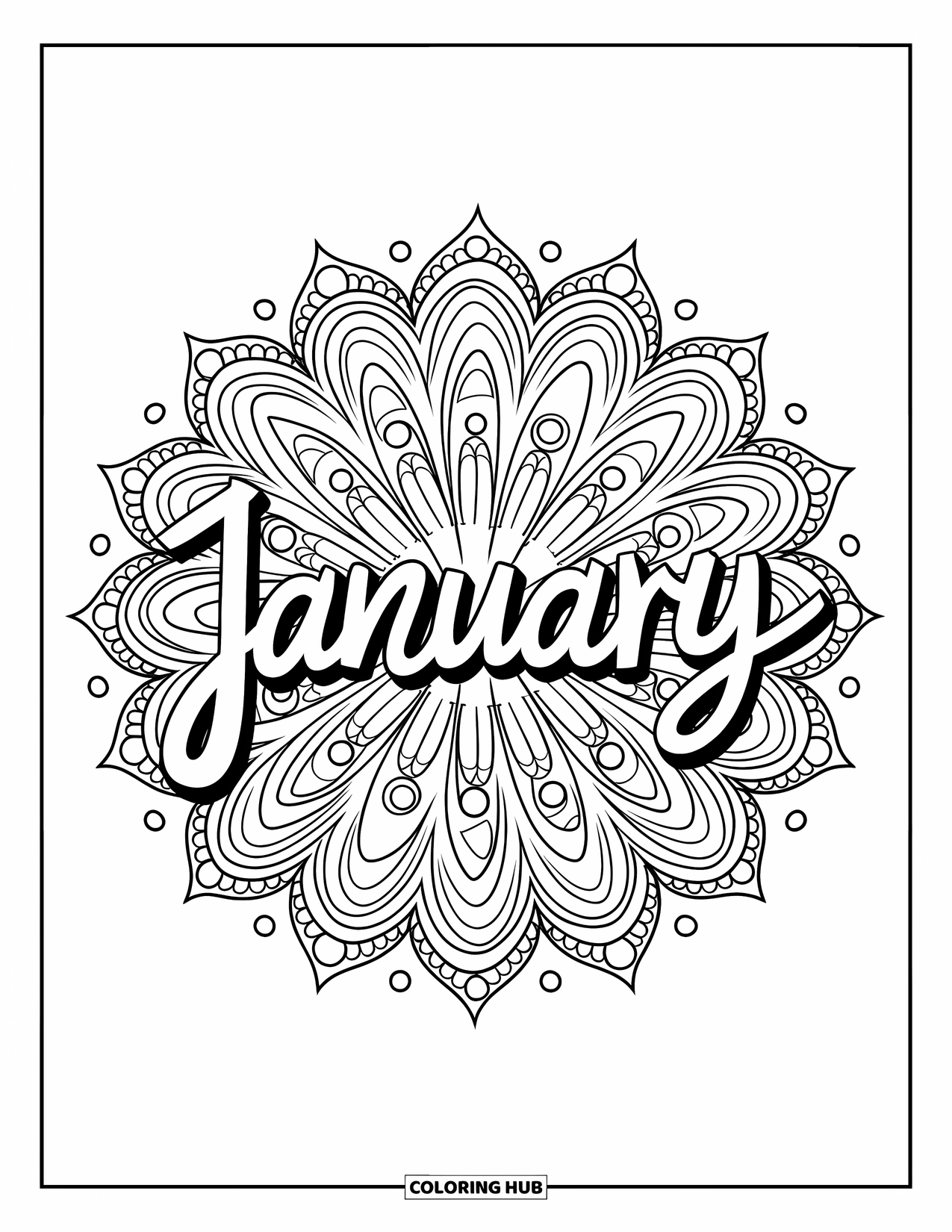 January Coloring Page for Adults: Firework mandala bursts around a handwritten "January" in the center