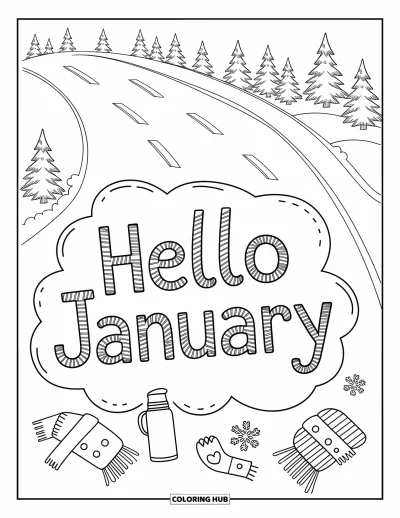 Coloriage de janvier pour adultes : Des empreintes de pas et des traces de luge entourent une colline enneigée marquée « Hello January »