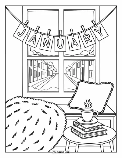 Coloriage de janvier pour adultes : Une guirlande de lettres « January » suspendue au-dessus d'un coin lecture hivernal plein de thé