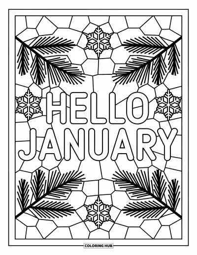 Coloriage de janvier pour adultes : « Hello January » centré dans un cadre style vitrail orné de sapins et de flocons