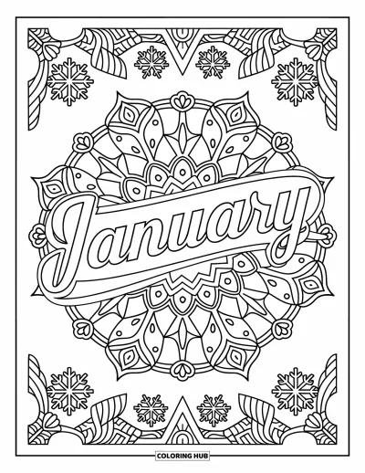 Coloriage de janvier pour adultes : « January » en script élégant entouré d'un mandala complet de flocons de neige