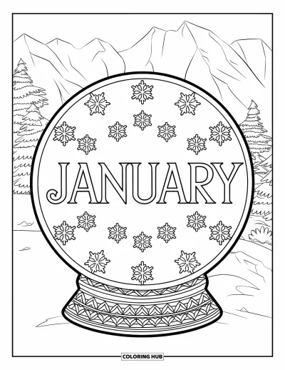 Coloriage de janvier pour adultes : « January » dans un mandala en forme de boule à neige avec des motifs de flocons répétés