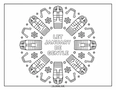 Coloriage de janvier pour adultes : « Que janvier soit doux » encadré d'un mandala enneigé de bottes et d'écharpes