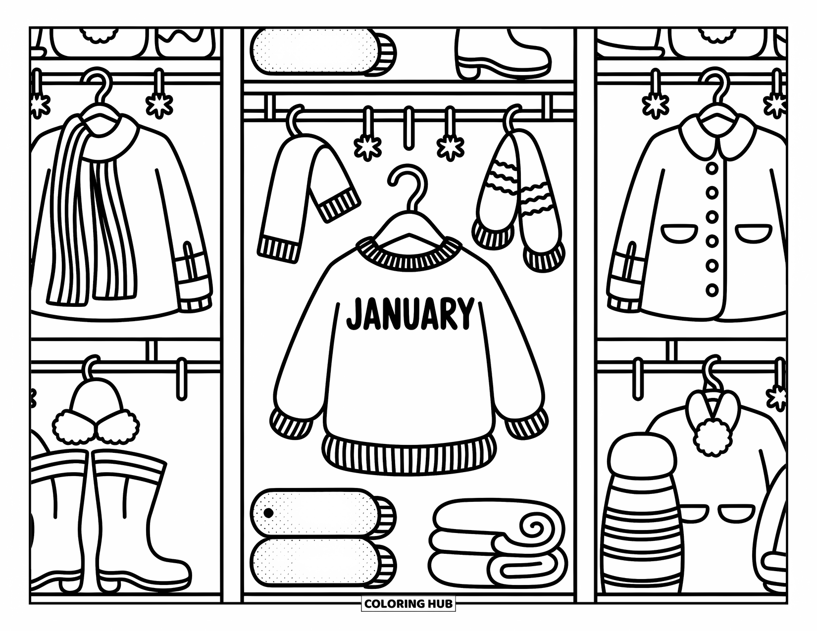 January Coloring Page for Adults: Shelves of cozy winter clothes with a "January" sweater hanging in the middle