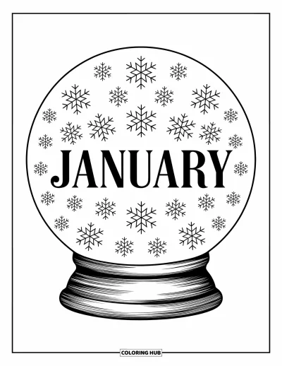 Coloriage de janvier pour adultes : Mandala de boule à neige rempli de flocons, centré autour du mot « January »