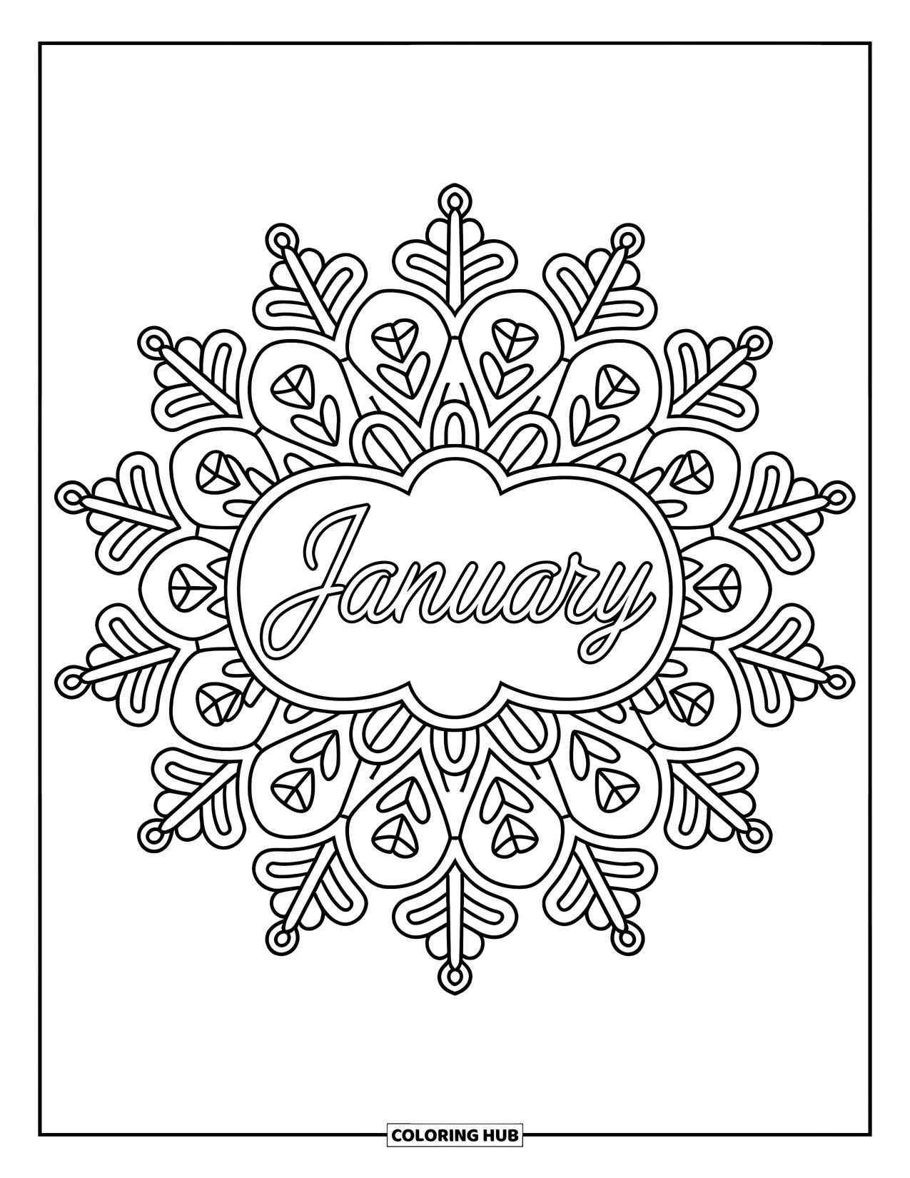 January Coloring Page for Adults: Snowflake mandala border with "January" written in elegant script at the center