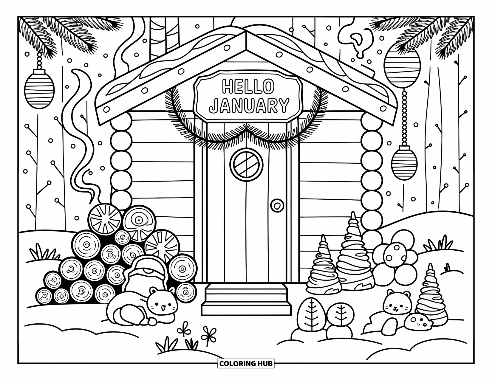 January Coloring Page for Adults: Snowy cabin scene with forest animals and a warm "Hello January" sign