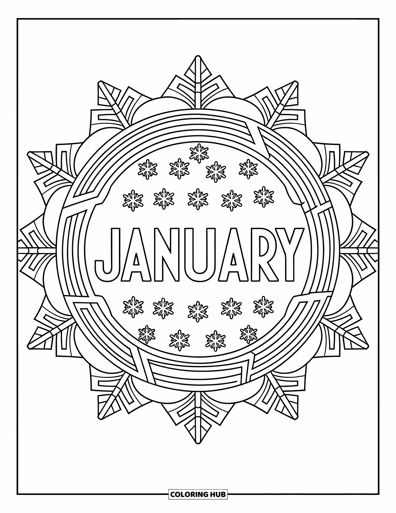 January Coloring Page for Adults: Snowy mandala in a snow globe shape surrounds the word "January"