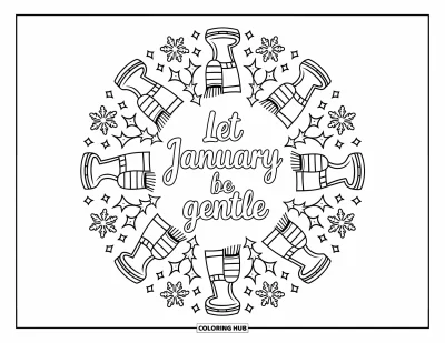 Coloriage de janvier pour adultes : Mandala enneigé avec des étoiles et des écharpes autour de la phrase « Que janvier soit doux »