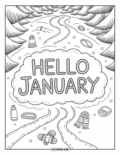 Coloriage de janvier pour adultes : Colline de luge enneigée avec « Hello January » écrit de façon espiègle dans la neige