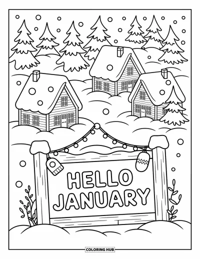 Coloriage de janvier pour adultes : Village enneigé avec des guirlandes lumineuses et un panneau en bois « Hello January »