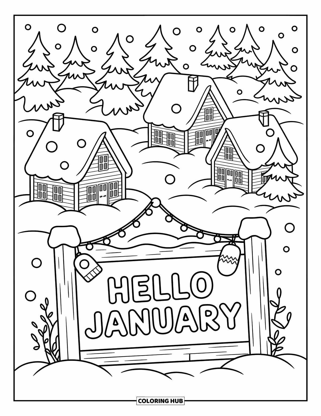 January Coloring Page for Adults: Snowy village scene with fairy lights and a wooden "Hello January" sign