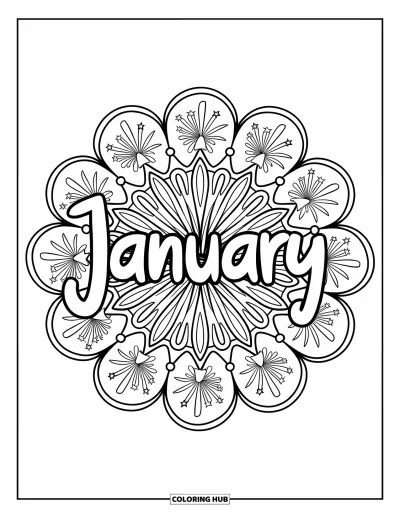 Coloriage de janvier pour adultes : Des feux d'artifice en spirale et des étoiles forment un mandala avec « January » au centre