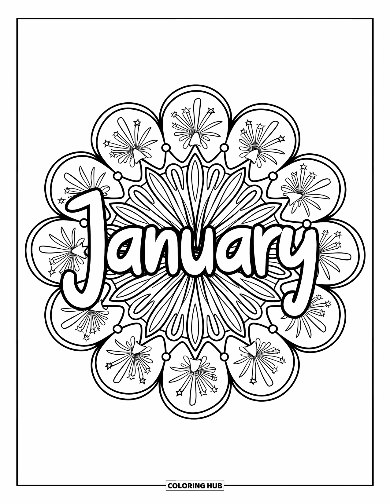 January Coloring Page for Adults: Spiraling fireworks and stars form a mandala with "January" in the middle