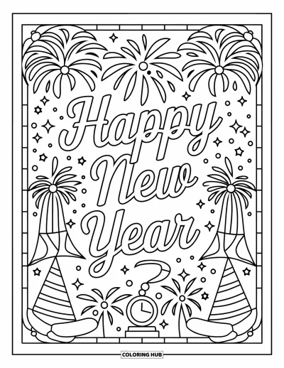 Coloriage de janvier pour adultes : Bordure style vitrail de feux d'artifice et d'horloges autour d'un message « Bonne Année »