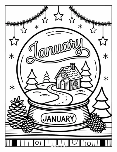 Coloriage de janvier pour adultes : Petit chalet de montagne dans une boule à neige marquée « January »