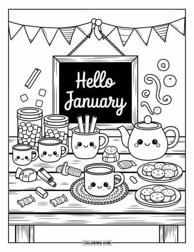 Coloriage de janvier pour adultes : De petits mugs et des guimauves entourent un panneau « Hello January » dans un bar à cacao