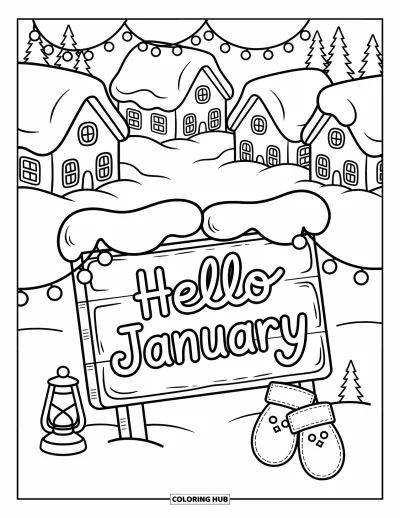 Coloriage de janvier pour adultes : Toits de village illuminés de guirlandes lumineuses près d'un panneau « Hello January »