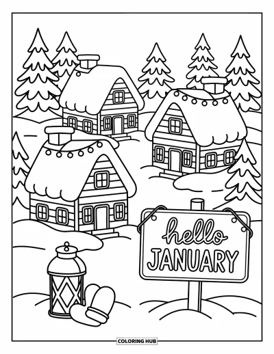 Coloriage de janvier pour adultes : Des maisons féeriques et des lumières scintillantes encadrent un message « Hello January » en bois