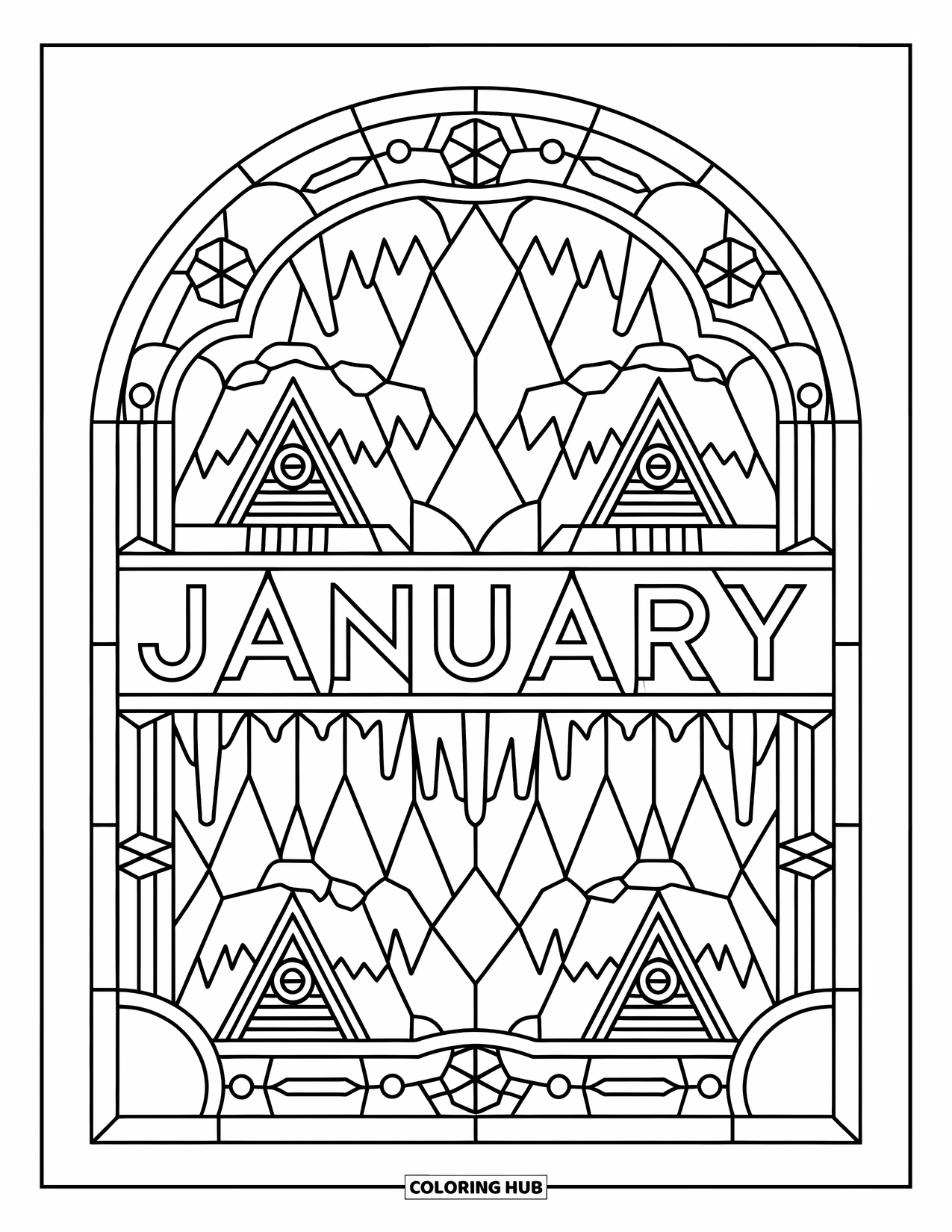 January Coloring Page for Adults: Winter cabins and stars decorate a stained glass arch around the word "January"