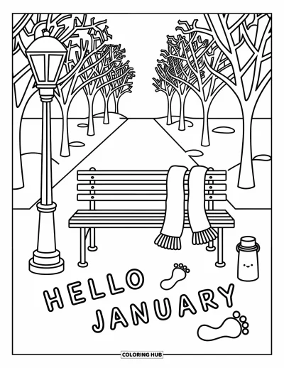 Coloriage de janvier pour adultes : Scène de parc hivernal avec des empreintes qui épellent « Hello January » à côté d'un thermos