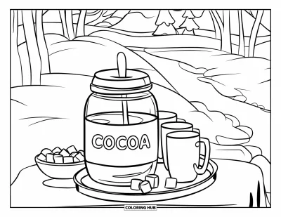 Coloriage de janvier pour enfants : Un bar à cacao avec des mugs, des guimauves et des sapins enneigés en arrière-plan