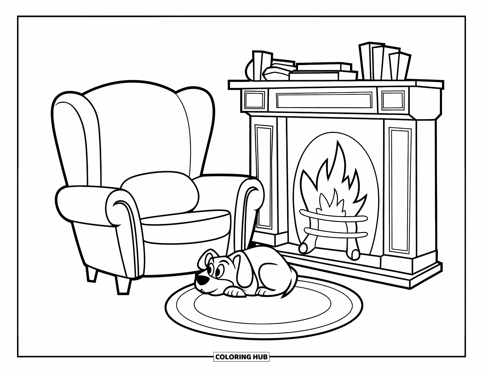 January Coloring Page for Kids: A warm fireplace room with a rug and a curled-up pet