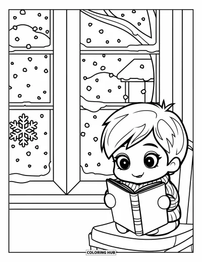 Coloriage de janvier pour enfants : Scène de lecture chaleureuse avec un enfant chibi et de la neige qui tombe