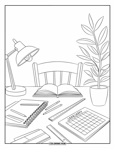 Coloriage de janvier pour enfants : Bureau de rentrée avec calendrier, lampe et objectifs de janvier