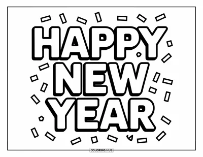 Coloriage de janvier pour enfants : Grand texte « Bonne Année » entouré de confettis de toutes parts