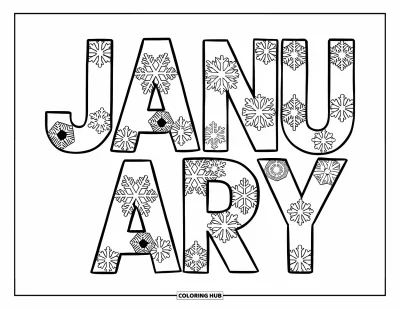 Coloriage de janvier pour enfants : Grand texte « janvier » parsemé de flocons de neige