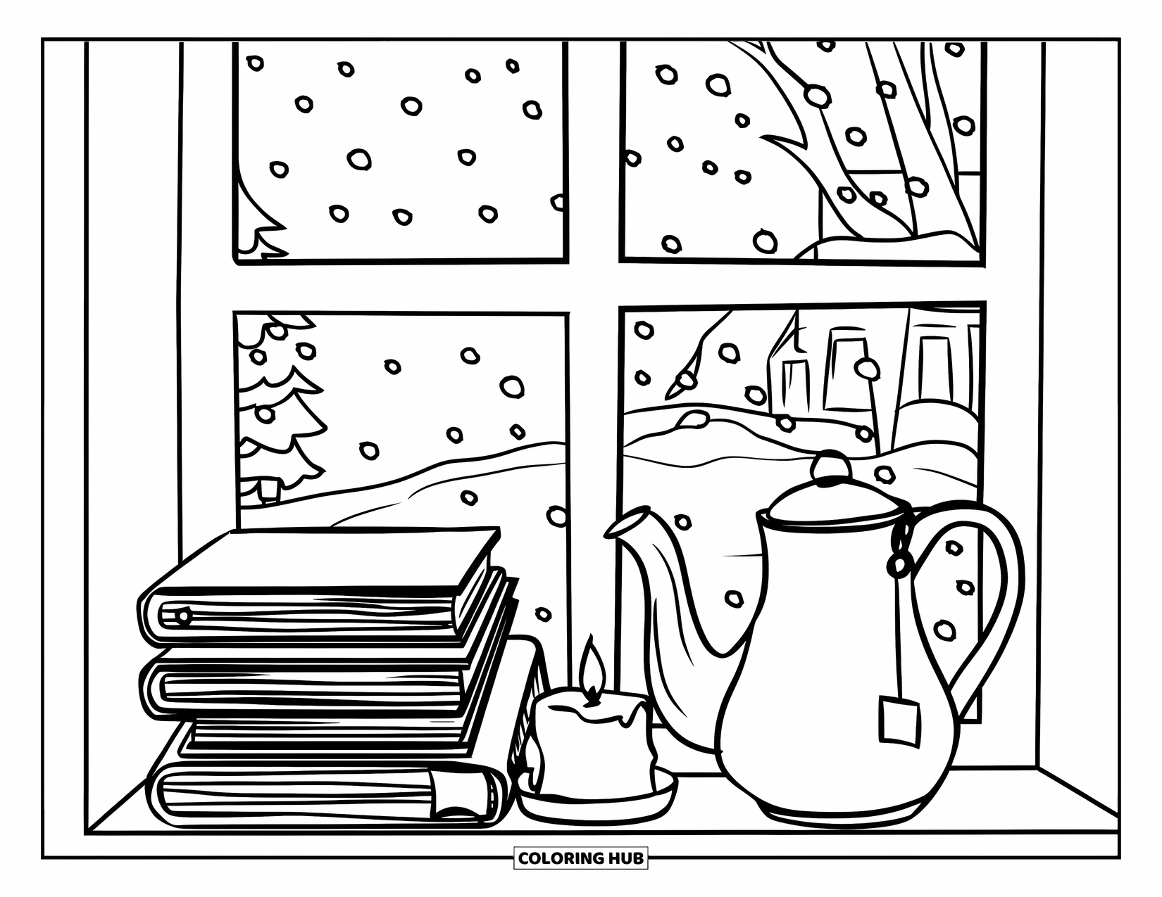 January Coloring Page for Kids: Books, tea, and candle on a cozy windowsill with falling snow outside