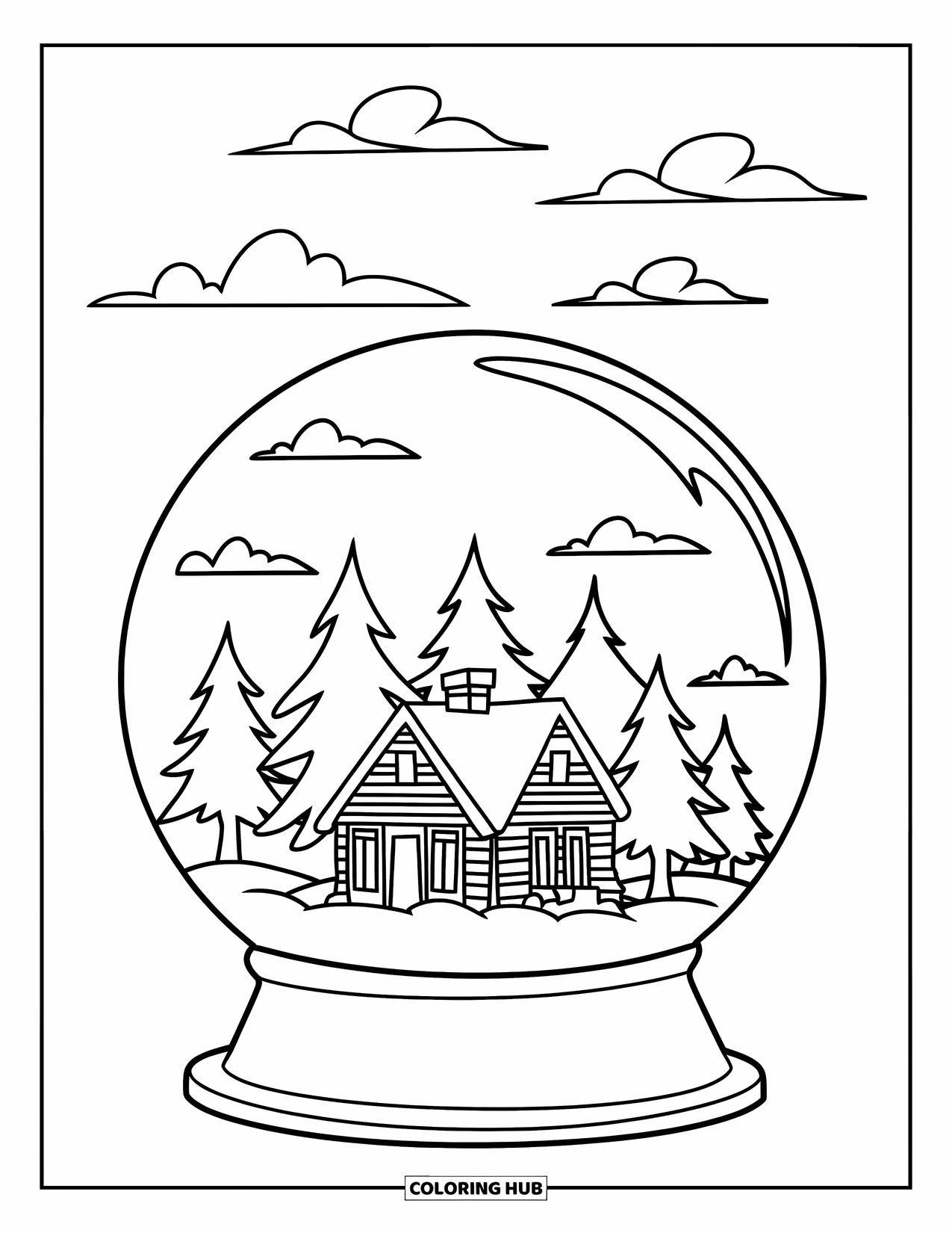 January Coloring Page for Kids: Cabin and trees tucked inside a snowy globe scene