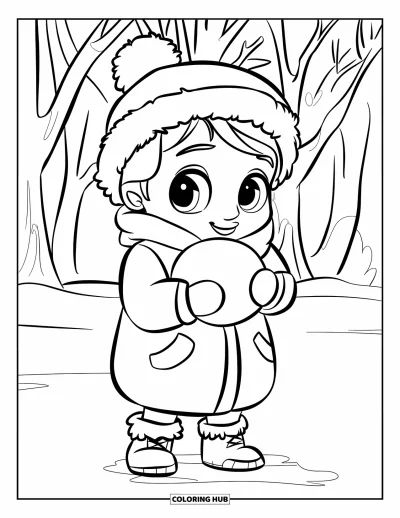 Coloriage de janvier pour enfants : Enfant chibi avec une boule de neige, emmitouflé dans un manteau d'hiver et des bottes