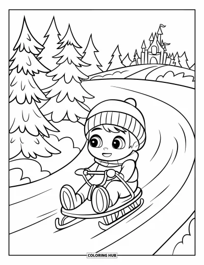 Coloriage de janvier pour enfants : Enfant chibi en luge sur une colline enneigée entouré de sapins