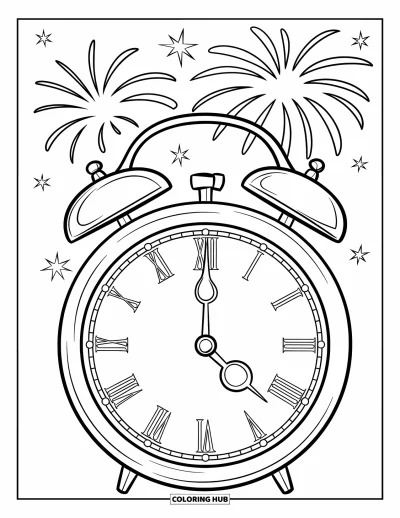 Coloriage de janvier pour enfants : L'horloge approche de minuit tandis que des feux d'artifice scintillent dans le ciel nocturne