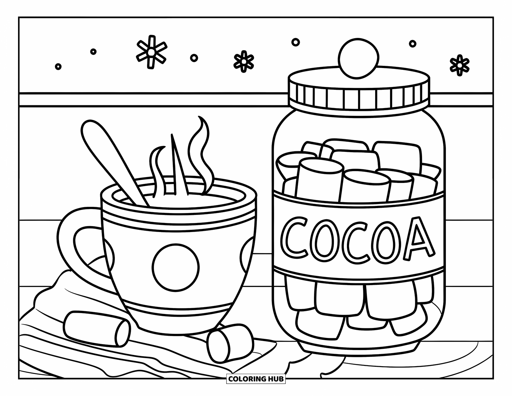 January Coloring Page for Kids: Cocoa jar, mug, and marshmallows in a cozy little winter drink corner