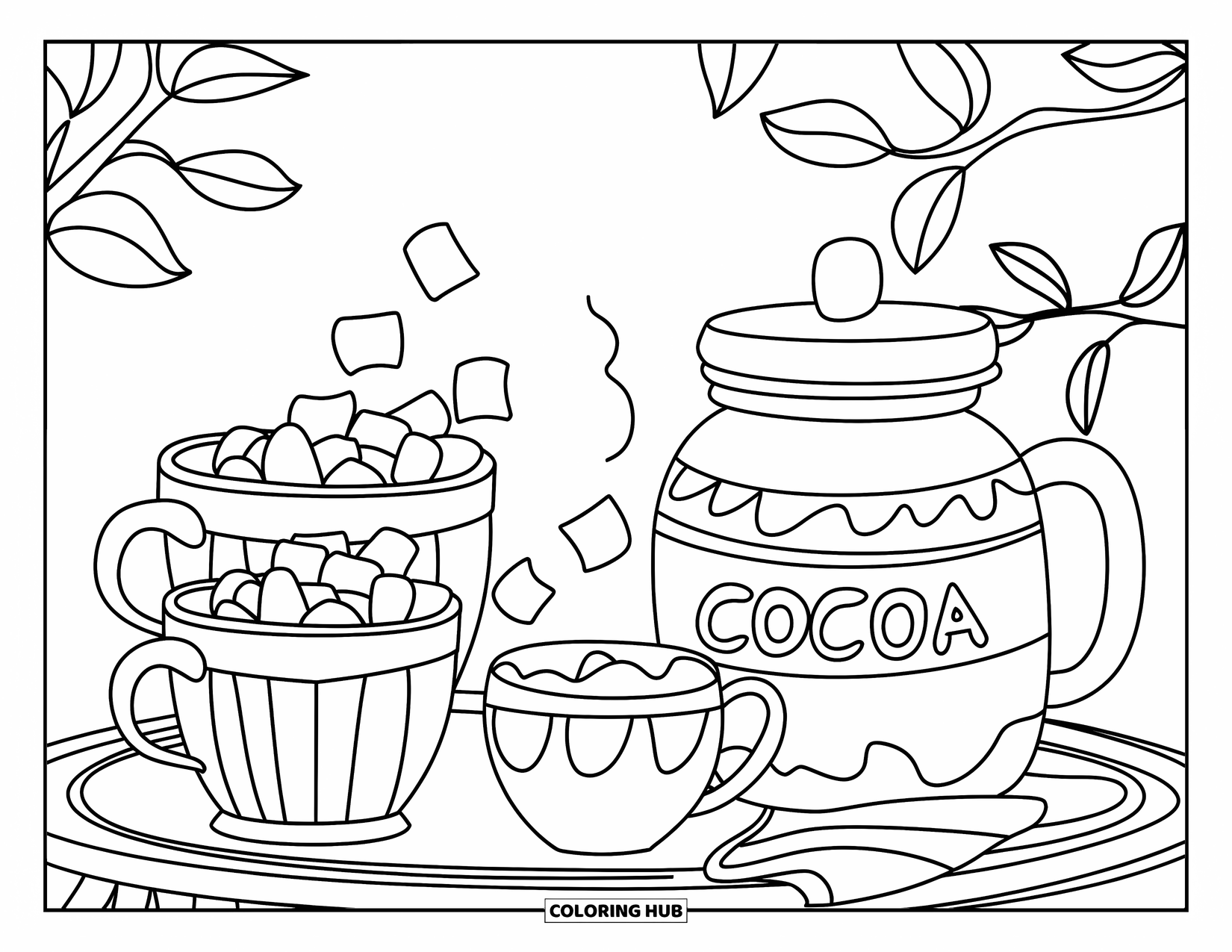 January Coloring Page for Kids: Cocoa mugs, marshmallows, and a jar of cocoa at a cozy drink station