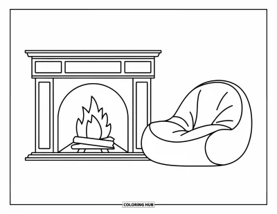Coloriage de janvier pour enfants : Coin cheminée chaleureux avec un tapis et un pouf moelleux