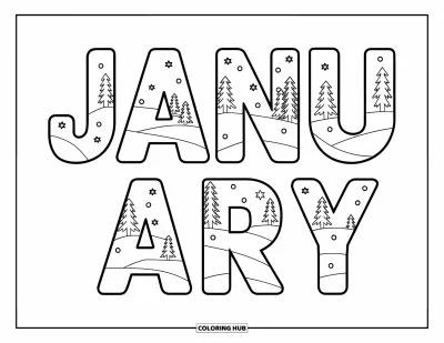 Coloriage de janvier pour enfants : Chaque lettre de « janvier » renferme une scène hivernale avec des arbres et des flocons délicats