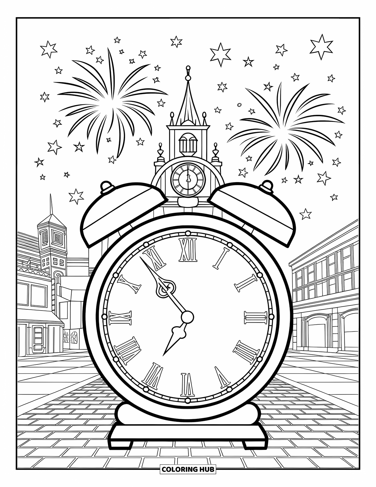 January Coloring Page for Kids: Fireworks light the sky above a clock tower and cobblestone street