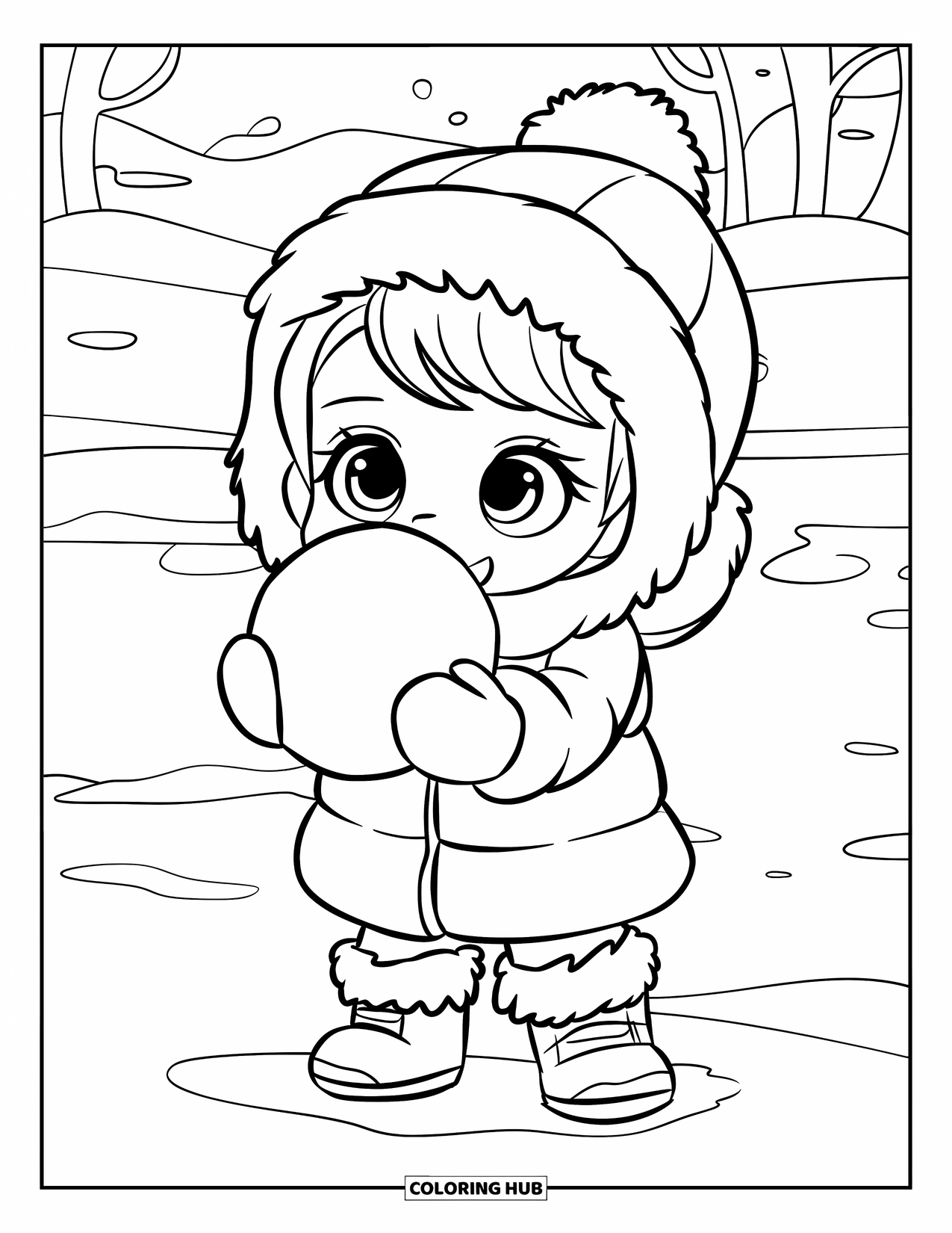 January Coloring Page for Kids: Happy child holding a snowball on a snowy day