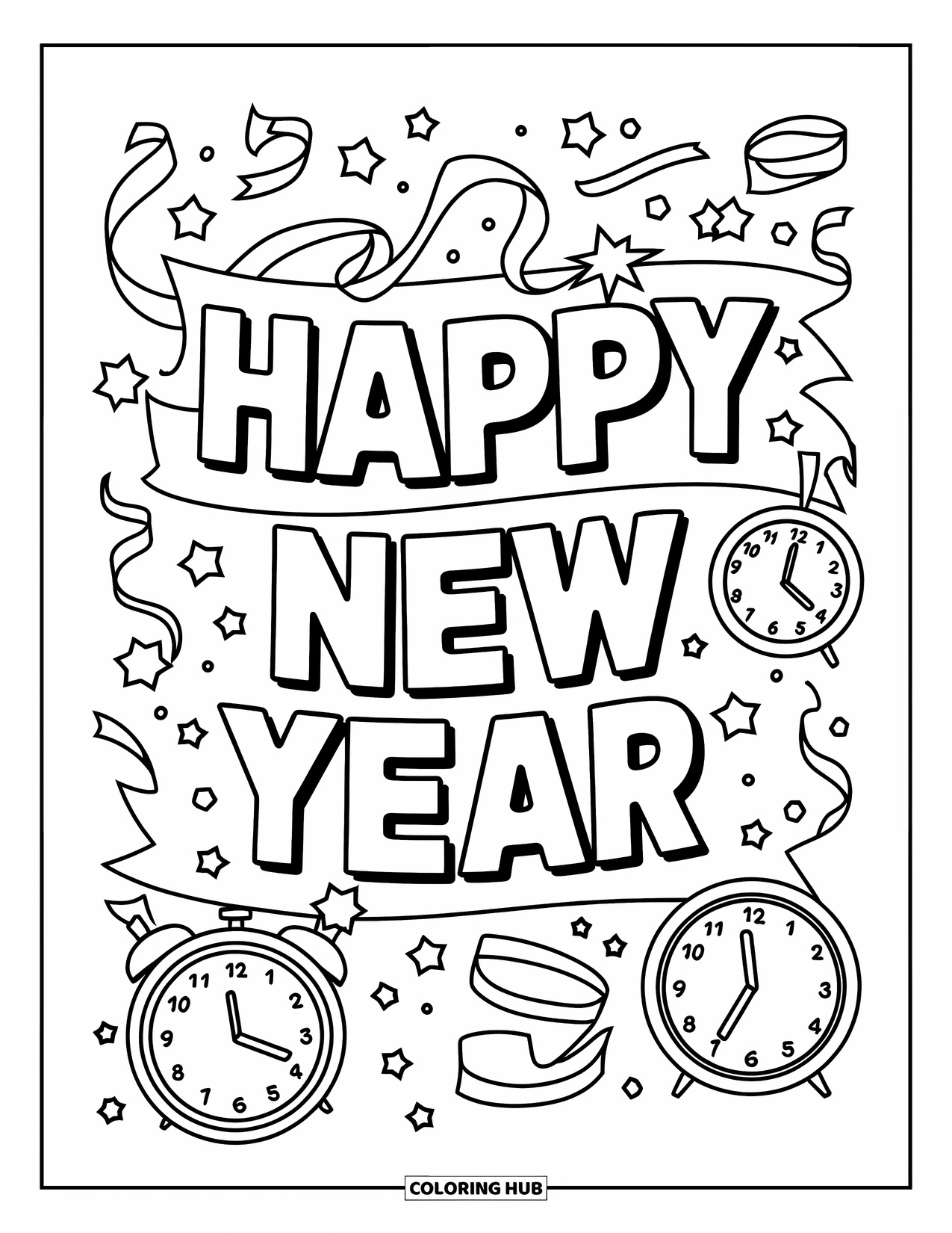 January Coloring Page for Kids: Happy New Year banner with streamers, clocks, and falling confetti