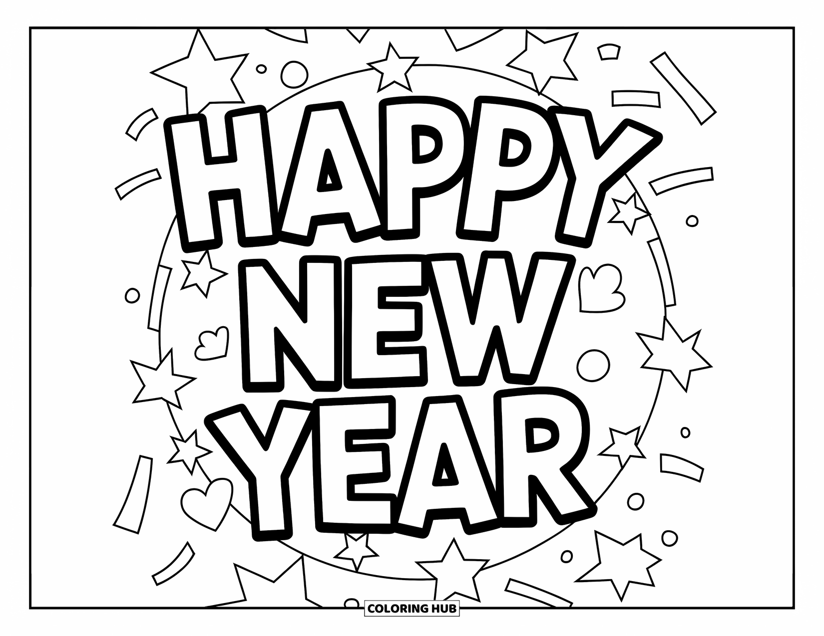 January Coloring Page for Kids: Happy New Year text in a festive circle with stars and hearts