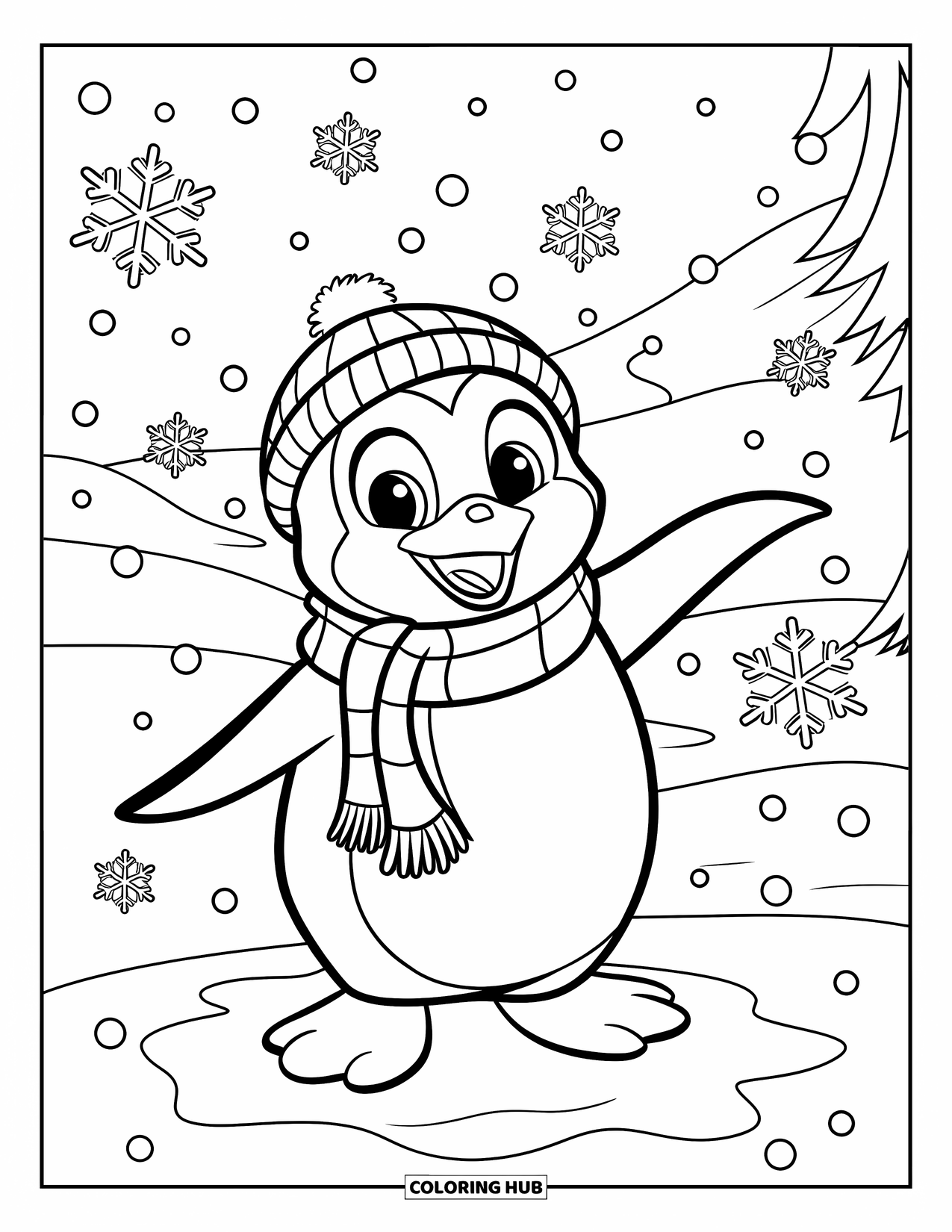 January Coloring Page for Kids: Happy penguin in a scarf stands on snow as snowflakes fall