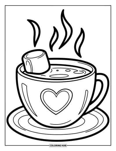 Coloriage de janvier pour enfants : Chocolat chaud dans un mug en forme de cœur avec une guimauve sur une soucoupe